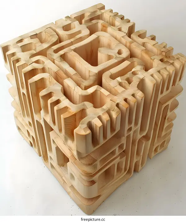 Abstract Wooden Sculpture with Geometric Patterns