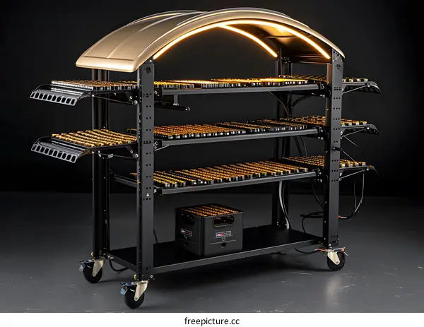 Black Metal Shelf with LED Lights and Rows of Small Containers