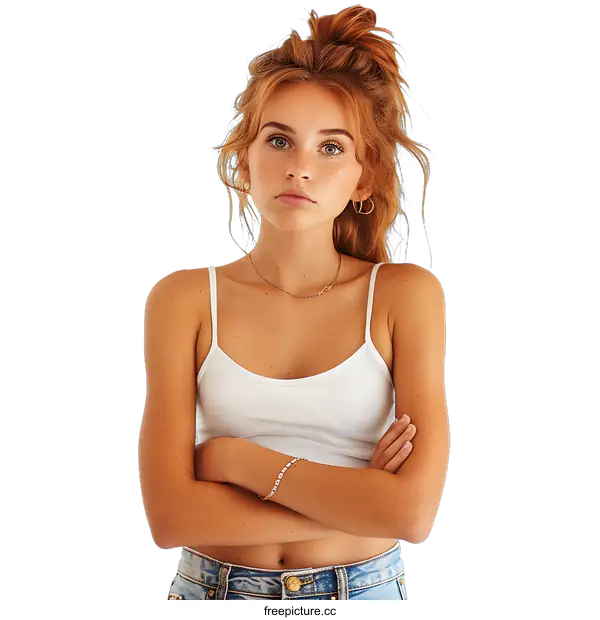 [Transparent Background PNG]Portrait of a Young Woman with Red Hair and Freckles