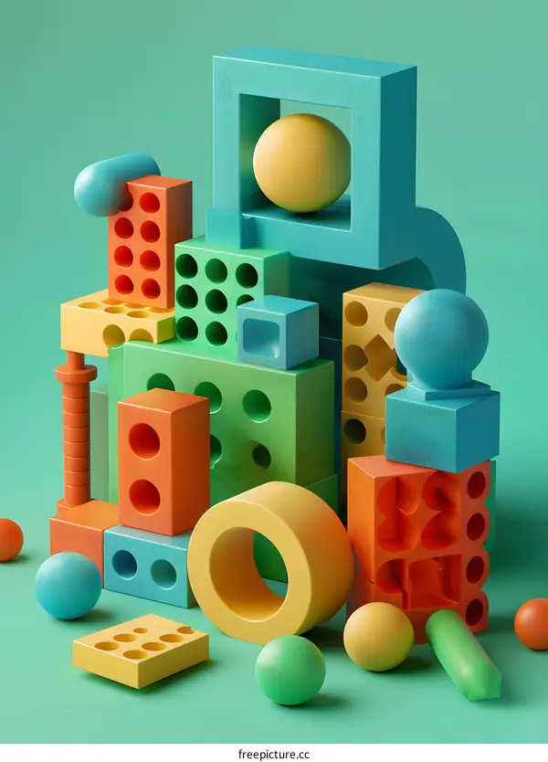 Colorful 3D Abstract Shapes Rendered on Green Background