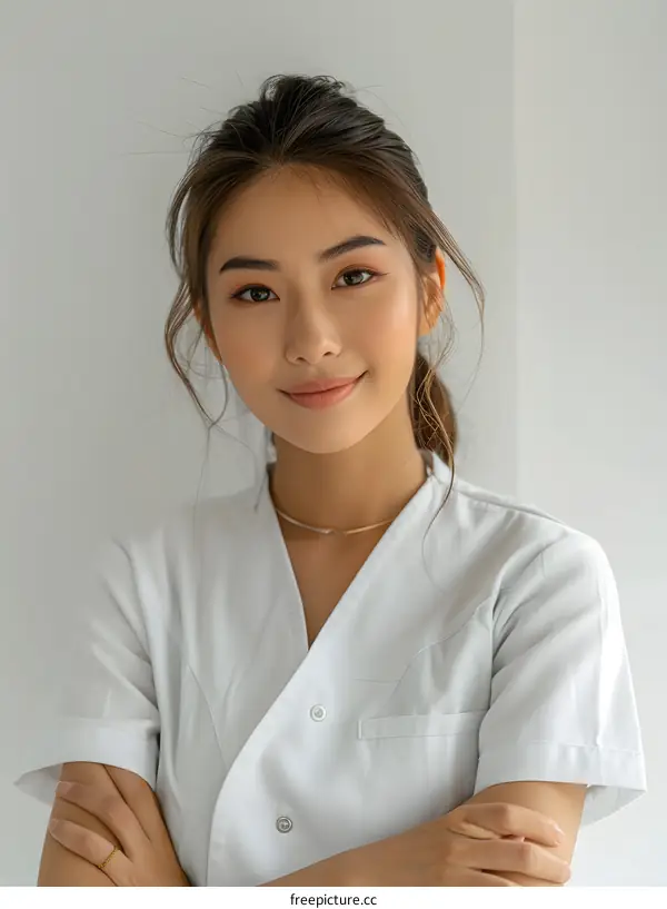 Smiling Asian Woman in White Lab Coat