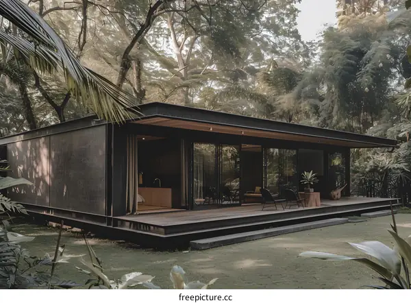 Modern Minimalist Cabin Surrounded by Lush Greenery