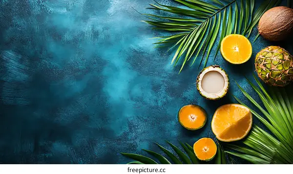 Tropical Fruits and Palm Leaves on Blue Background