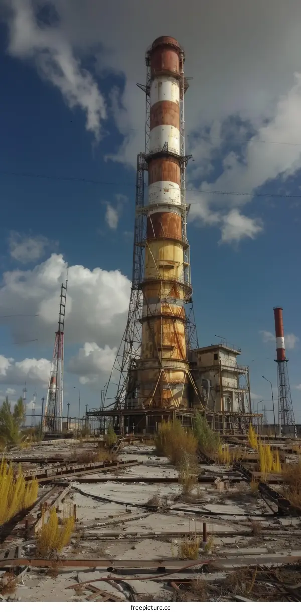 An abandoned factory building with a large smokestack