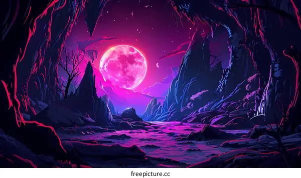 Fantasy Landscape With A Large Pink Moon