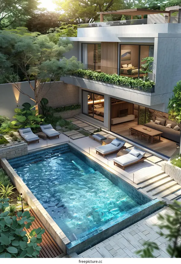 Modern Villa Backyard with Pool and Patio Design