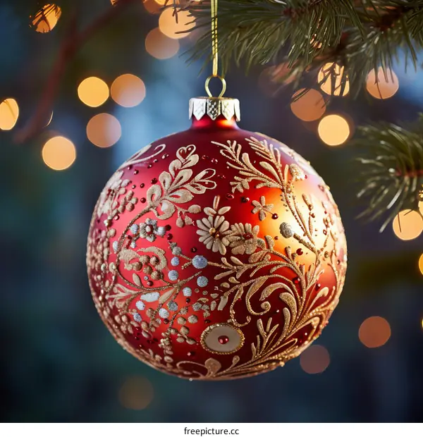 Red Christmas ball hanging on a pine tree branch