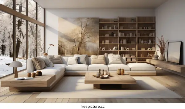 Bright and Airy Living Room with Tree Painting and Large Windows