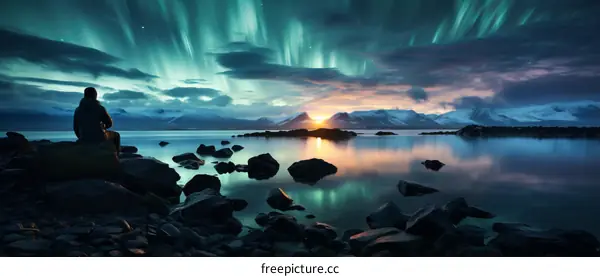 Aurora borealis landscape with a person sitting on a rock in the foreground
