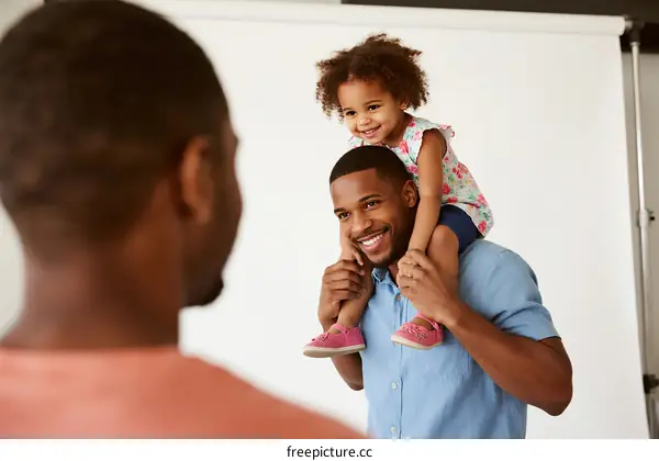 Father carrying little girl on shoulders showing happy interaction
