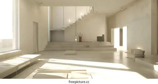 Modern Minimalist Interior Design With Concrete Stairs And Large Windows