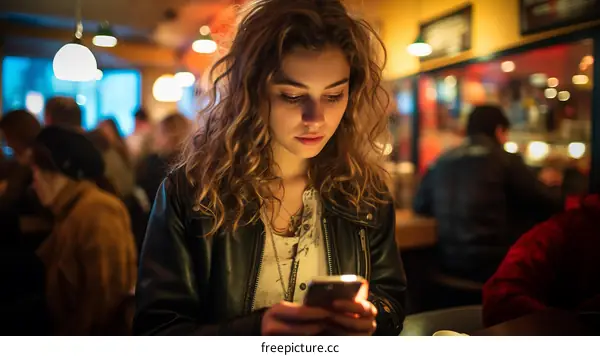 Young woman looking at her phone in a bar