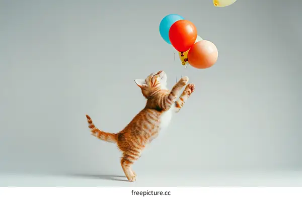 Ginger kitten playing with balloons