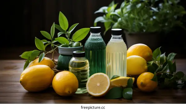 Fresh lemons and lemon juice in glass bottles with green leaves on wooden table