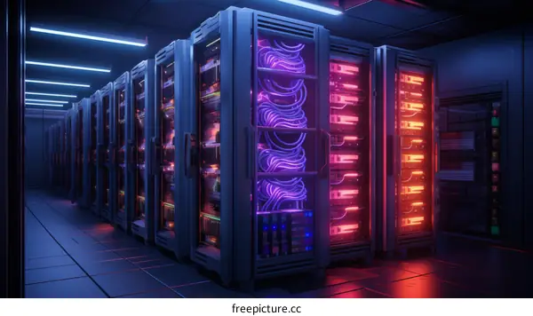 Server room with colorful neon lights illuminating the racks of servers