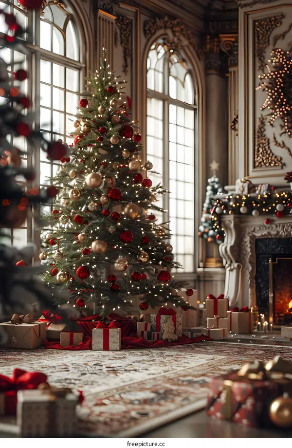 Exquisitely decorated Christmas tree by the fireplace