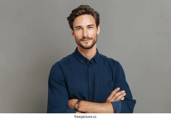 Confident Caucasian Man in a Navy Blue Shirt