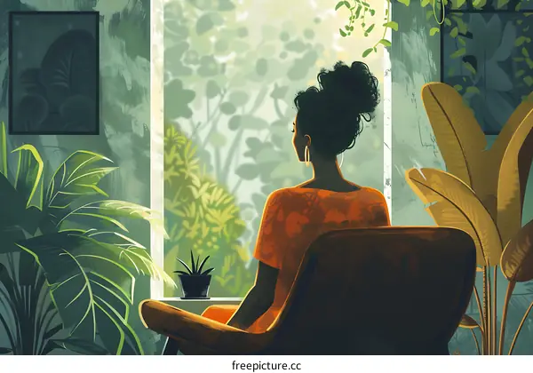 A young African-American woman sits in a chair, gazing out the window at a lush green jungle