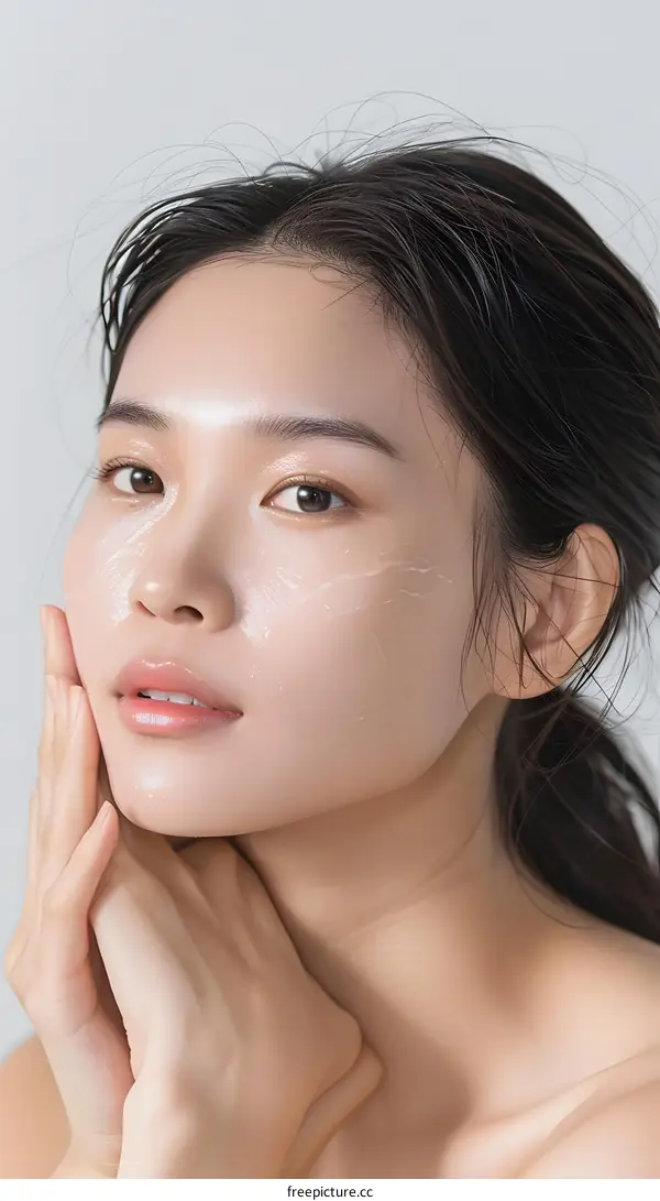 Beautiful Asian Woman with Clear Skin Applying Facial Cream