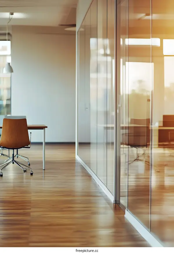 Modern Office Interior with Glass Walls and Wooden Floor