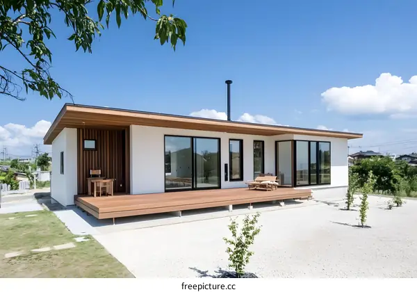 Modern White House with Wooden Deck and Large Windows