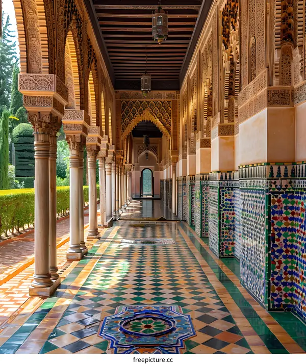 Moorish architecture with intricate tile work and columns