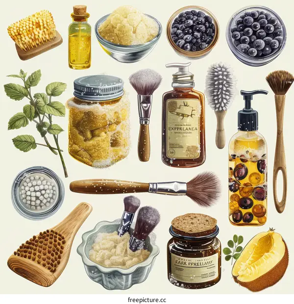A collection of natural skin care products including scrubs, oils, brushes, and herbal ingredients.