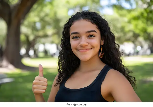 Happy Hispanic Teen Girl Gives Thumbs Up in Park