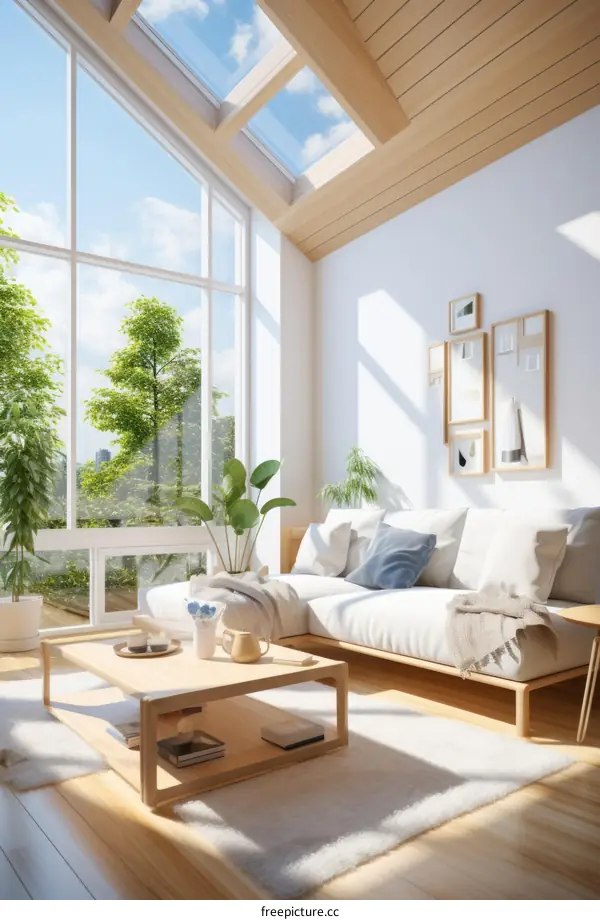 A bright and airy living room with a large window and a high ceiling