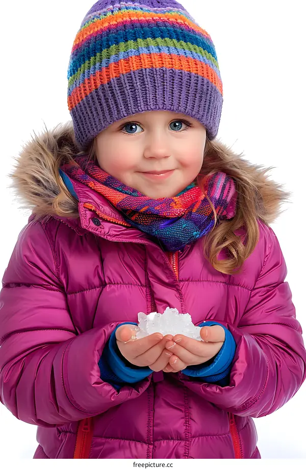 Little girl in purple winter jacket and rainbow beanie holding snow in her hands