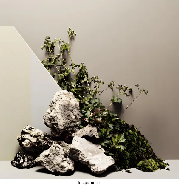 Green Plants and Stones on a Neutral Background