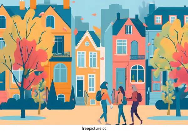 Three Women Walking in Front of Colorful Houses