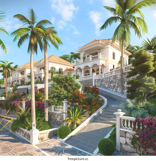 Tropical Villa with Stone Pathway and Palm Trees