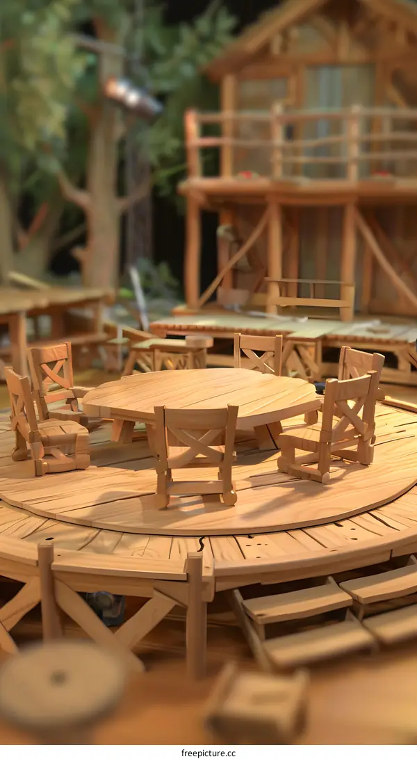 Wooden Table and Chairs Miniature Model