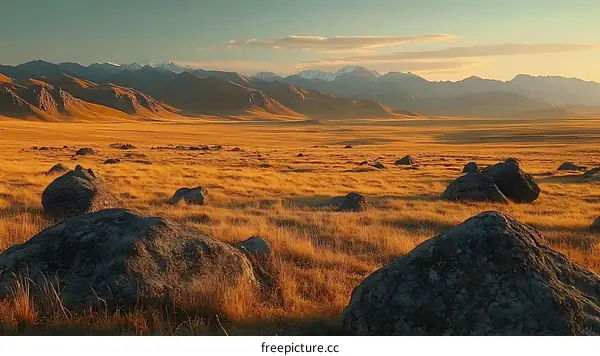 Golden Grassland at Sunrise with Majestic Mountains