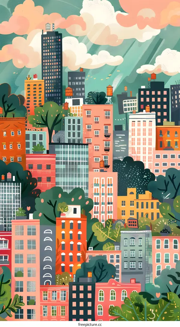 Colorful Illustration of a Cityscape with Trees and Buildings