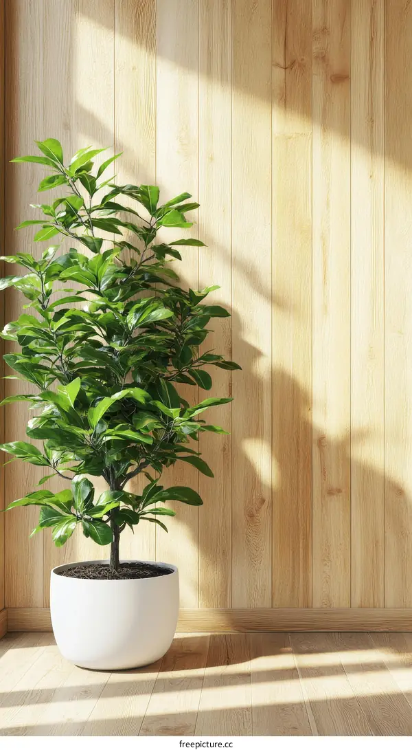 Indoor Plant in a White Pot against Wooden Wall