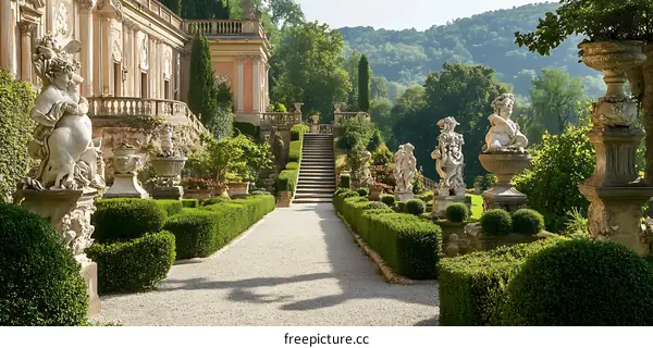 Italian Garden with Stone Statues and Greenery