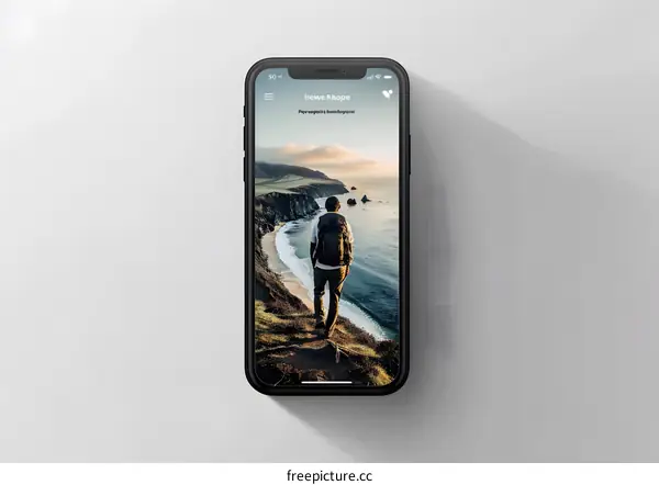 Man Hiking Cliffside with Ocean View on Smartphone