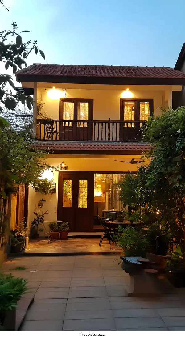 Traditional Style House with Patio at Dusk