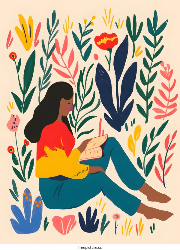 Woman Reading In A Garden Of Flowers