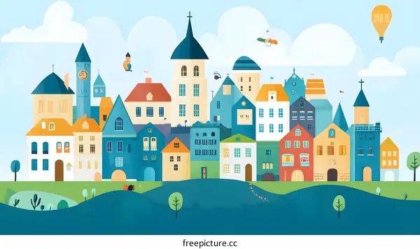 Colorful Town with Houses and Sky