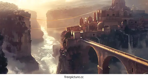 Fantasy City on Clifftop with Bridge and Waterfall