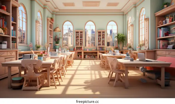Classroom With Desks And Chairs In A Modern Building