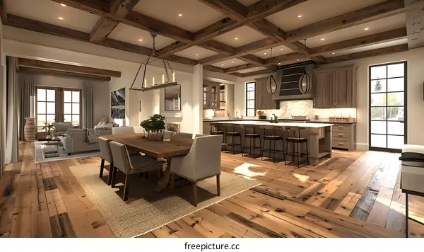 The dining room and kitchen area of a luxury home