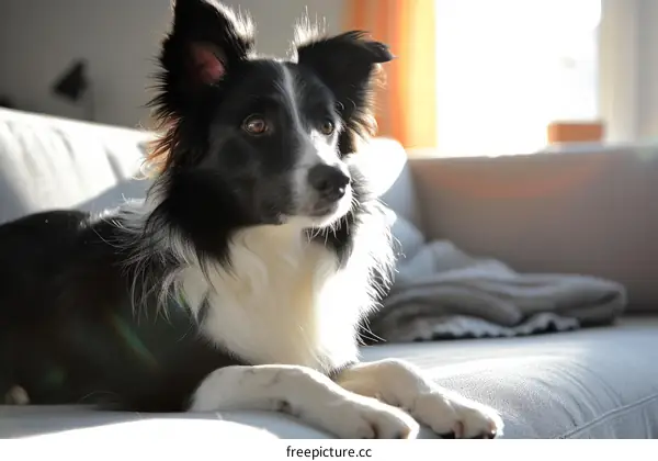 A cute Border Collie dog relaxing on a couch and looking away