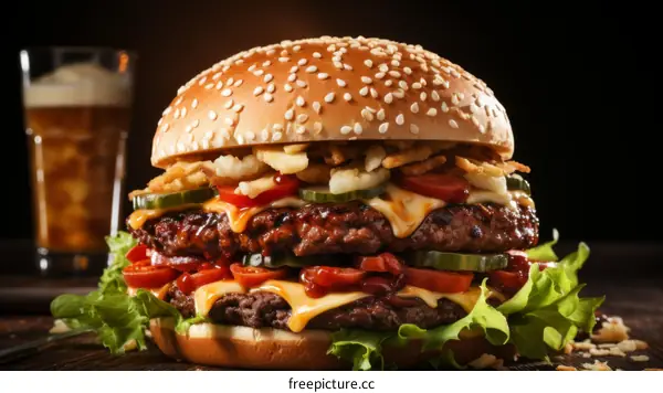 yummy juicy beef burger with pickles tomatoes and cheese