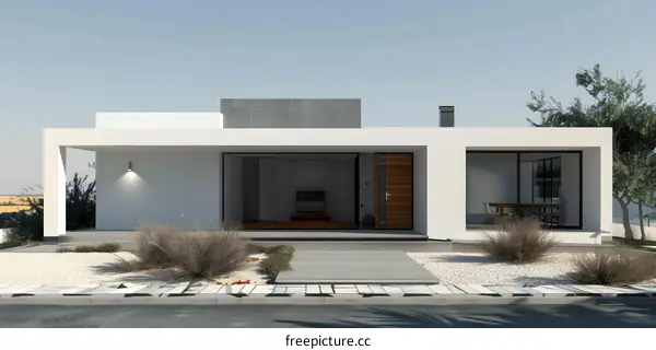 Modern Minimalist House Design with White Walls and Wooden Door