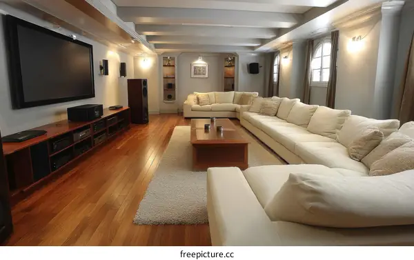 Modern Home Theater Room with Large Sectional Sofa