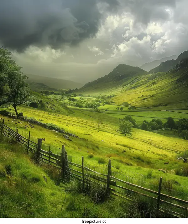 Stunning green hills and valleys under a dramatic sky